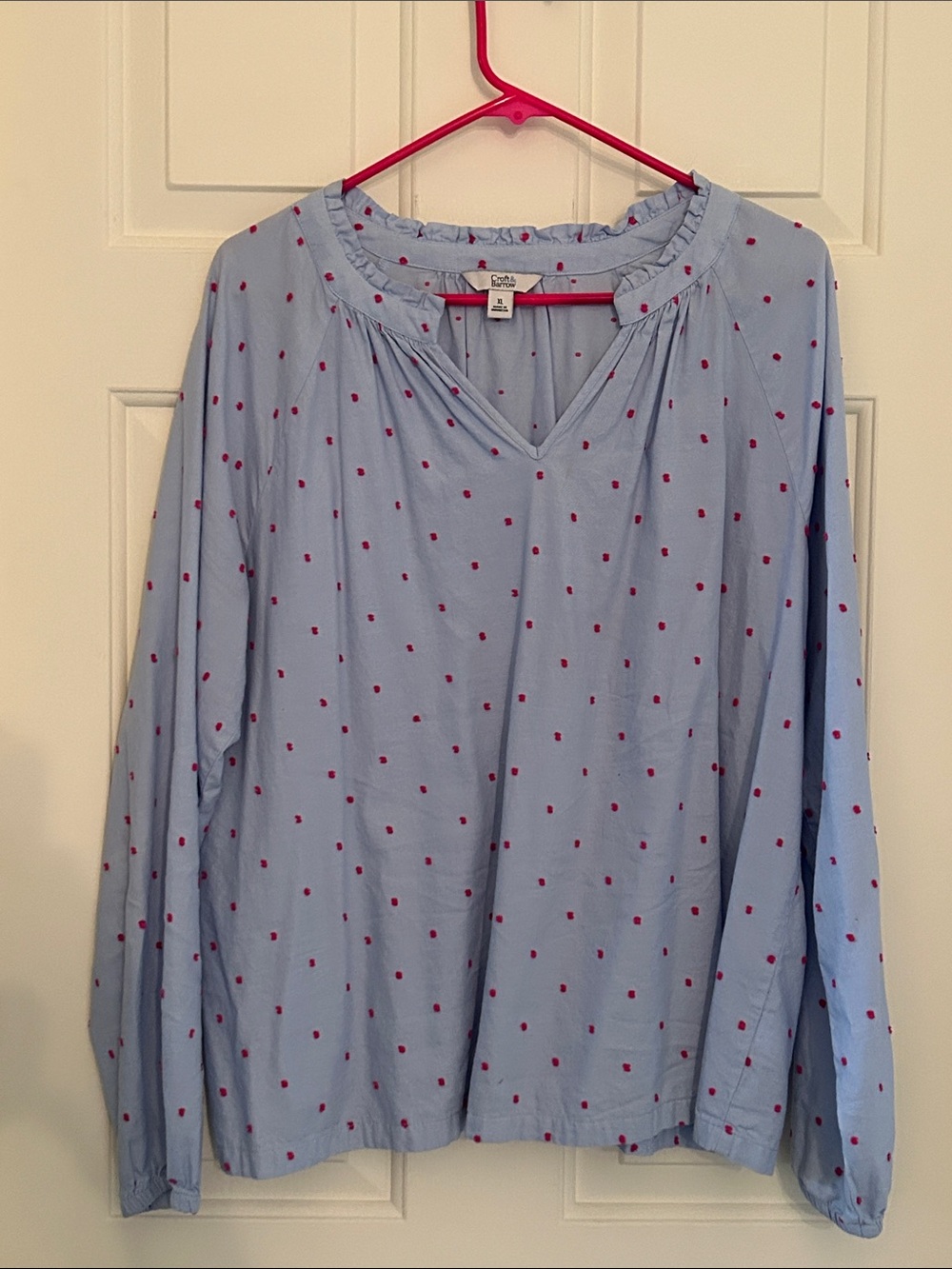 Croft & Borrow Light Blue Long Sleeve V-Neck Top with Pink Dot Print- Size XL